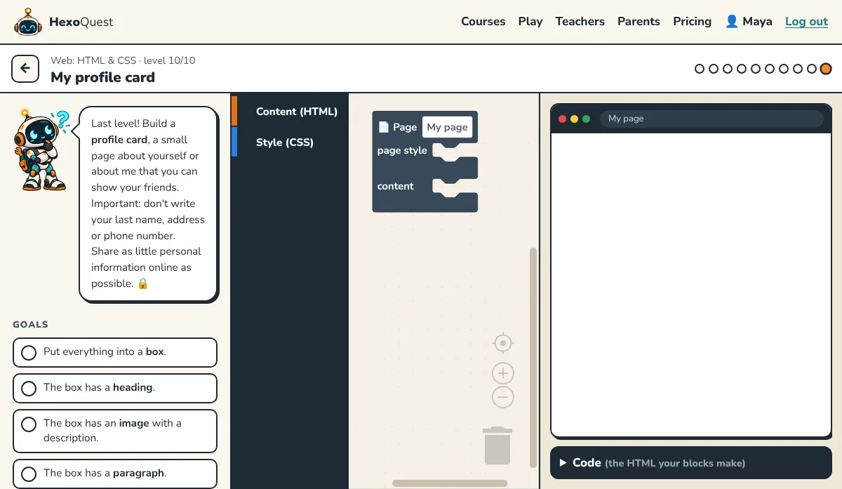 Screenshot of a level: Web: HTML & CSS