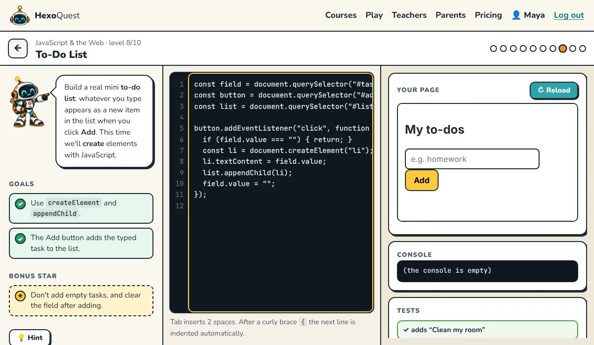 Screenshot of a level: JavaScript & the Web